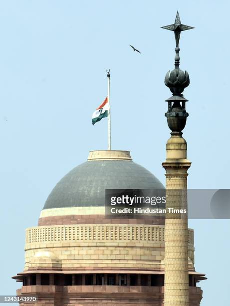 The Indian National flag at half-mast during the one-day state mourning, as a mark of respect to late Queen Elizabeth II, at Rashtrapati Bhawan, on...