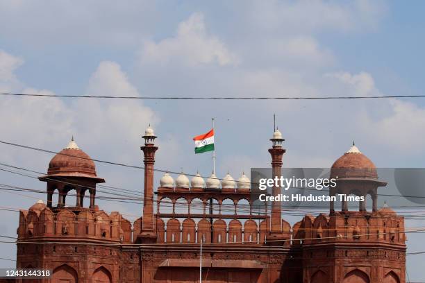 The Indian National flag at half-mast during the one-day state mourning, as a mark of respect to late Queen Elizabeth II, at Red Fort, on September...