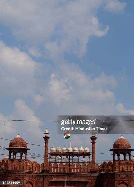 The Indian National flag at half-mast during the one-day state mourning, as a mark of respect to late Queen Elizabeth II, at Red Fort, on September...