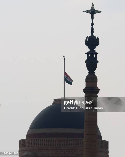The Indian National flag at half-mast during the one-day state mourning, as a mark of respect to late Queen Elizabeth II, at Red Fort, on September...