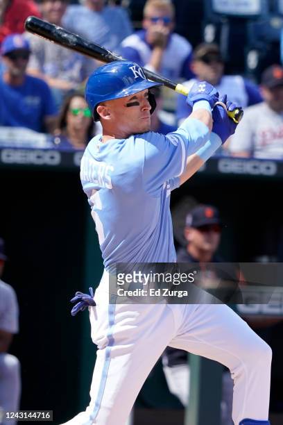 Drew Waters of the Kansas City Royals hits a two-run double in the second inning against the Detroit Tigers at Kauffman Stadium on September 11, 2022...