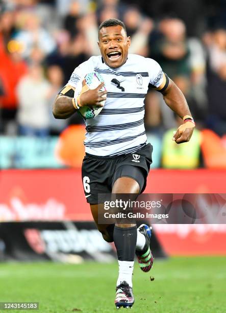 Elia Canakaivata of Fiji scores a try during day 3 of the Rugby World Cup Sevens 2022 Match 52 Championship Final between New Zealand and Fiji at DHL...