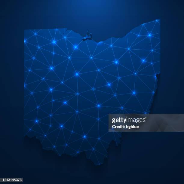 ohio map network - bright mesh on dark blue background - ohio vector stock illustrations