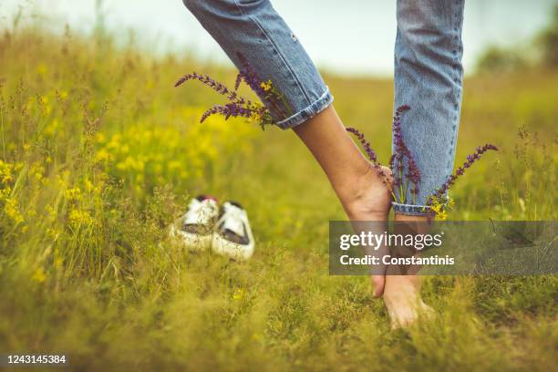 jovem descalça em idílico campo rural de flores silvestres - barefoot woman - fotografias e filmes do acervo