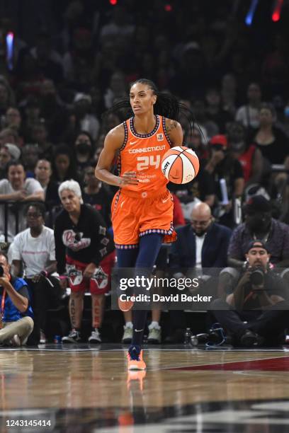 DeWanna Bonner of the Connecticut Sun dribbles the ball against the Las Vegas Aces during Game 1 of the 2022 WNBA Finals on September 11, 2022 at...