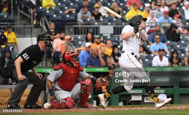 Jack Suwinski of the Pittsburgh Pirates hits a solo home run in the seventh inning during the game against the St. Louis Cardinals at PNC Park on...