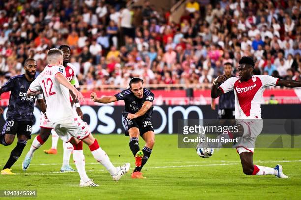 Benoit BADIASHILE - 06 Maxence CAQUERET during the Ligue 1 Uber Eats match between Monaco and Lyon at Stade Louis II on September 11, 2022 in Monaco,...