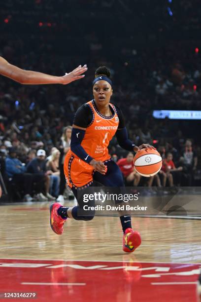 Odyssey Sims of the Connecticut Sun drives to the basket against the Las Vegas Aces during Game 1 of the 2022 WNBA Finals on September 11, 2022 at...