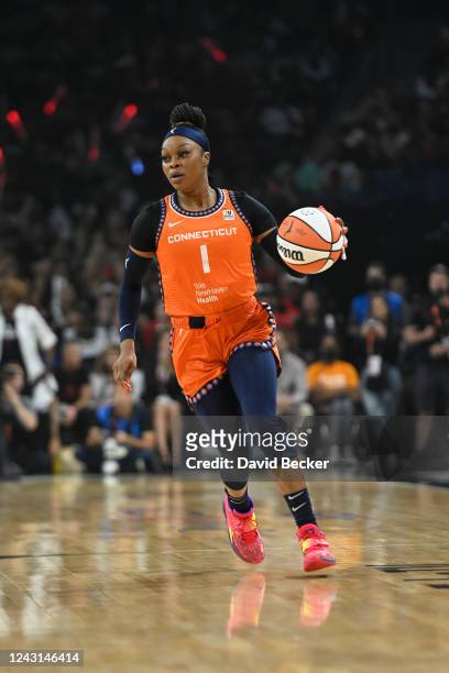 Odyssey Sims of the Connecticut Sun drives to the basket against the Las Vegas Aces during Game 1 of the 2022 WNBA Finals on September 11, 2022 at...