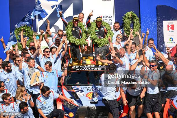 Thierry Neuville of Belgium and Martijn Wydaeghe of Belgium are celebrating their victory in the final podium in Lamia during Day Four of the FIA...