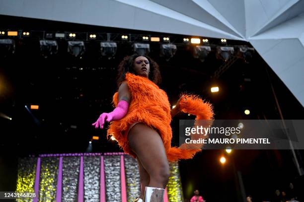 Brazilian singer Liniker performs on the Sunset stage of the Rock in Rio music festival at the Rio 2016 Olympic Park in Rio de Janeiro, Brazil, on...