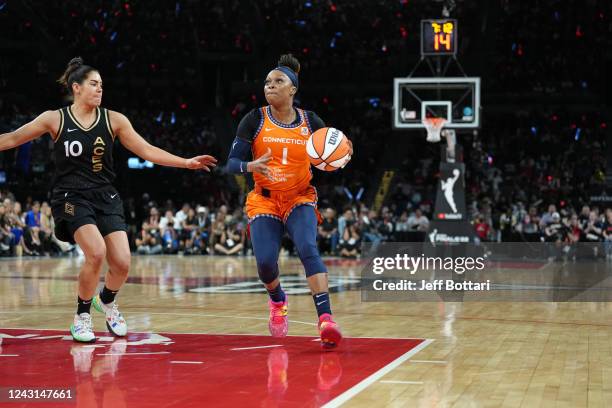 Odyssey Sims of the Connecticut Sun dribbles the ball during Game 1 of the 2022 WNBA Finals on September 11, 2022 at Michelob ULTRA Arena in Las...