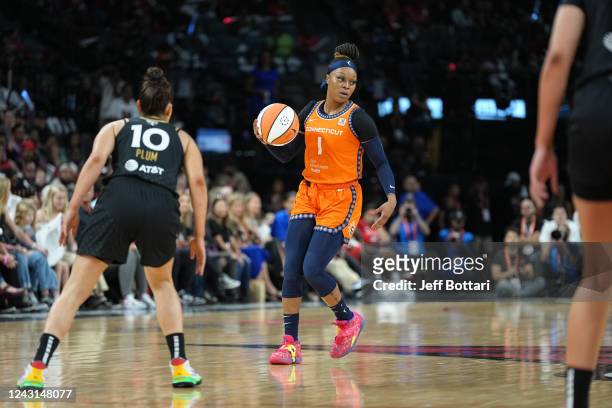 Odyssey Sims of the Connecticut Sun dribbles the ball during Game 1 of the 2022 WNBA Finals on September 11, 2022 at Michelob ULTRA Arena in Las...