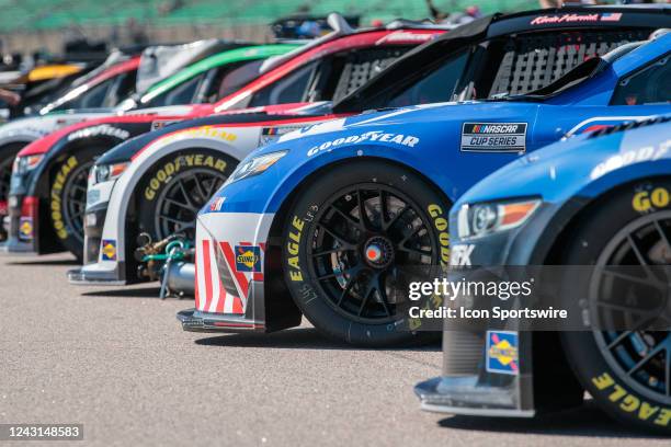 Cars sit along pit road prior to the NASCAR Cup Series Hollywood Casino 400 on September 11 at the Kansas Speedway in Kansas City, Kansas.