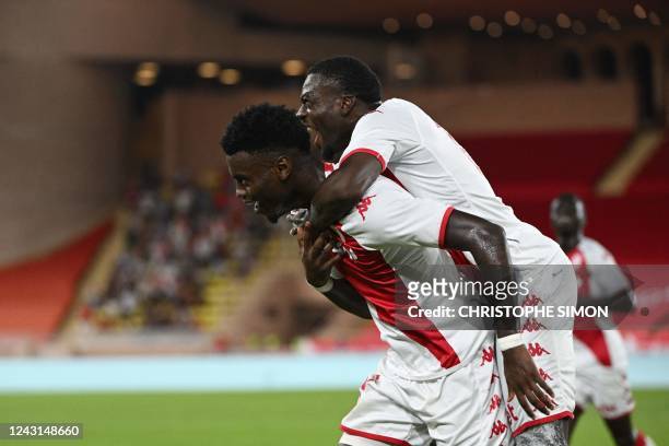 Monaco's French defender Benoit Badiashile celebrates during the French L1 football match between AS Monaco and Olympique Lyonnais at the Louis II...