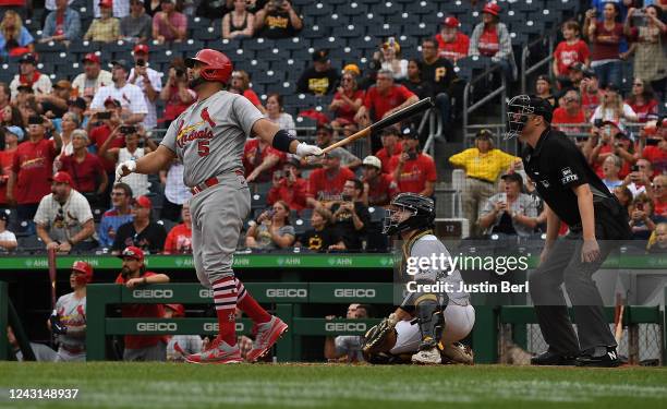 Albert Pujols of the St. Louis Cardinals hits a two-run home run in the ninth inning during the game against the Pittsburgh Pirates at PNC Park on...