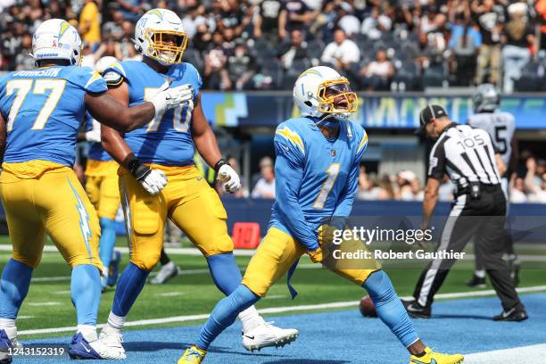 Inglewood, CA, Sunday, September 11, 2022 - Charger receiver DeAndre Carter celebrates after catching touchdown pass in the second quarter against...