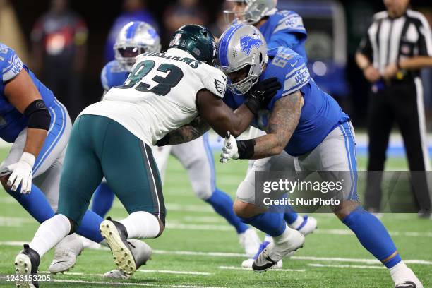 Philadelphia Eagles defensive tackle Milton Williams defends against Detroit Lions offensive tackle Taylor Decker during the second half of an NFL...