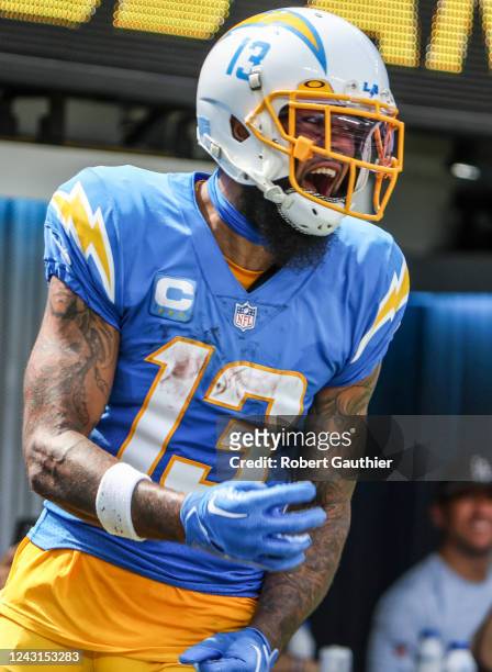 Inglewood, CA, Sunday, September 11, 2022 - Los Angeles Chargers wide receiver Keenan Allen celebrates after catching a 42-yard pass in the second...