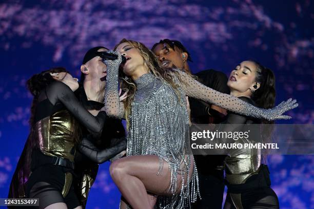 British singer Rita Ora performs on the main stage of the Rock in Rio music festival at the Rio 2016 Olympic Park in Rio de Janeiro, Brazil, on...