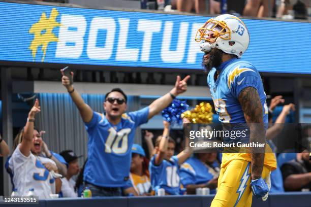 Inglewood, CA, Sunday, September 11, 2022 - Los Angeles Chargers wide receiver Keenan Allen celebrates after catching a 42-yard pass in the second...