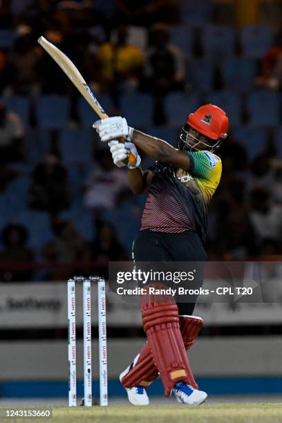 Evin Lewis of Saint Kitts & Nevis Patriots hits 6 during the Men's 2022 Hero Caribbean Premier League match 15 between Saint Lucia Kings and Saint...