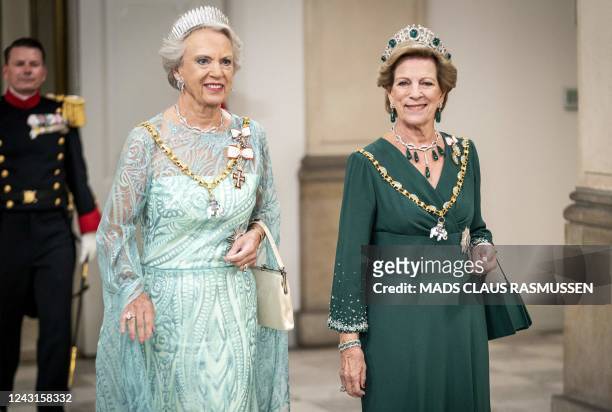 Princess Benedikte of Denmark and Queen Anne-Marie of Greece arrive at the gala banquet at Christiansborg Palace Sunday September 11, 2022. The...