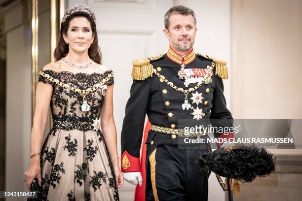 Crown Prince Frederik and Crown Princess Mary arrive at the gala banquet at Christiansborg Palace on September 11 during celebrations to mark the...