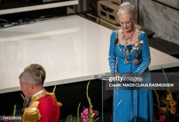 Queen Margrethe II of Denmark gives a speech during the gala banquet at Christiansborg Palace on September 11 during celebrations to mark the 50th...
