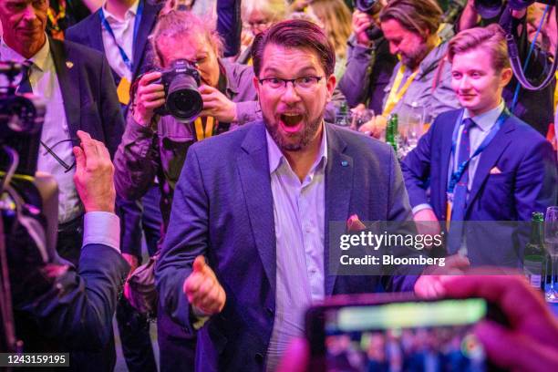 Jimmie Akesson, leader of the Sweden Democrat party, reacts during the party's election night event in Stockholm, Sweden, on Monday, Sept. 12, 2022....