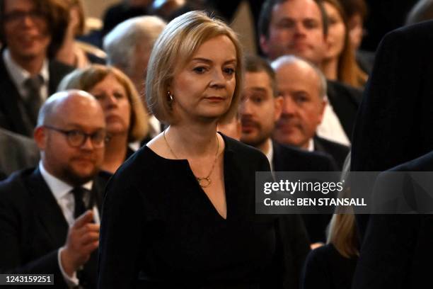 Britain's Prime Minister Liz Truss arrives to attend the presentation of Addresses by both Houses of Parliament in Westminster Hall, inside the...