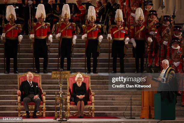 Speaker of the House of Commons Lindsay Hoyle King Charles III and Camilla, Queen Consort take part in an address in Westminster Hall on September...