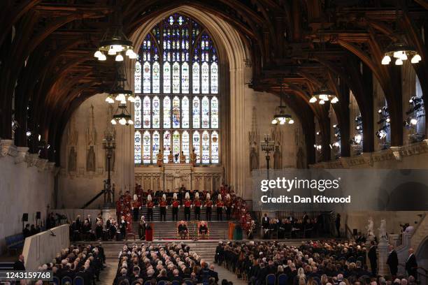 Lord Speaker John McFall and Speaker of the House of Commons Lindsay Hoyle King Charles III and Camilla, Queen Consort take part in an address in...