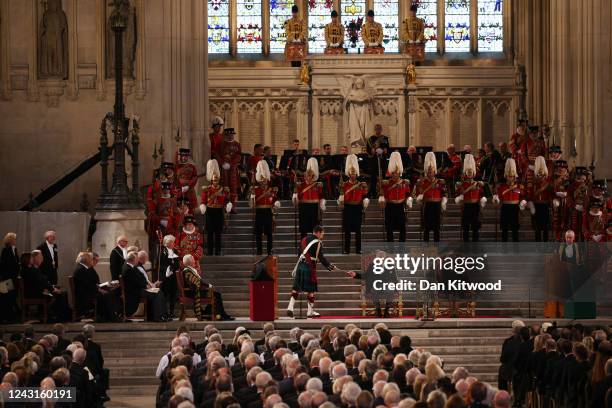 Lord Speaker John McFall and Speaker of the House of Commons Lindsay Hoyle King Charles III and Camilla, Queen Consort take part in an address in...