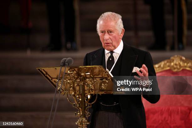 King Charles III makes an address in Westminster Hall at Houses of Parliament on September 12, 2022 in London, England. The Lord Speaker and the...