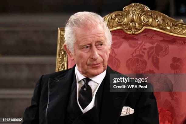 Britain's King Charles III looks on during the presentation of Addresses by both Houses of Parliament in Westminster Hall, inside the Palace of...