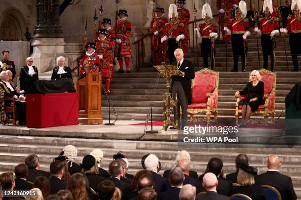 King Charles III makes an address in Westminster Hall at Houses of Parliament on September 12, 2022 in London, England. The Lord Speaker and the...