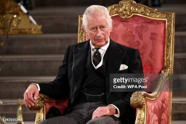 Britain's King Charles III attends the Presentation of Addresses by both Houses of Parliament in Westminster Hall, inside the Palace of Westminster,...