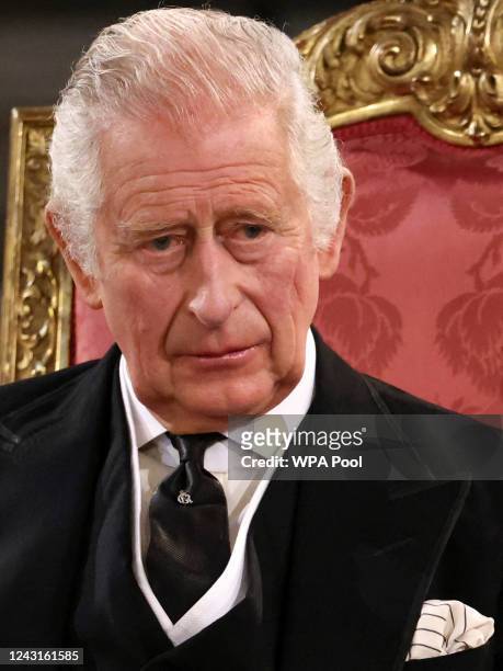 Britain's King Charles III looks on during the presentation of Addresses by both Houses of Parliament in Westminster Hall, inside the Palace of...
