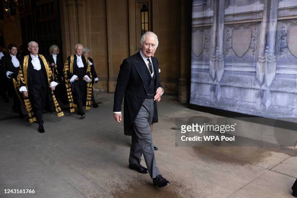King Charles III leaves the Palace of Westminster after the presentation of Addresses by both Houses of Parliament in Westminster Hall at the Houses...