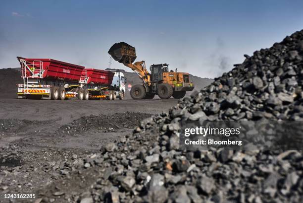 Truck is loaded with coal at the Mafube open-cast coal mine, operated by Exxaro Resources Ltd. And Thungela Resources Ltd., in Mpumalanga, South...