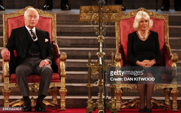 Britain's King Charles III and Britain's Camilla, Queen Consort attend the presentation of Addresses by both Houses of Parliament in Westminster...
