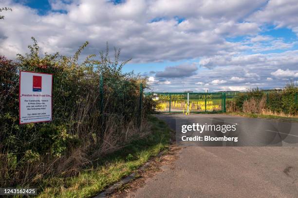 The entrance to the Cuadrilla Resources Ltd. Exploration gas well site on Preston New Road near Blackpool, UK, on Saturday, Sept. 10, 2022. New...