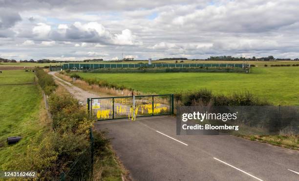 Yellow ribbons tied to read "Frack Free Lancs" on security gates at the Cuadrilla Resources Ltd. Exploration gas well site on Preston New Road near...