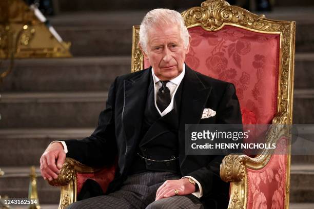 Britain's King Charles III attends the presentation of Addresses by both Houses of Parliament in Westminster Hall, inside the Palace of Westminster,...