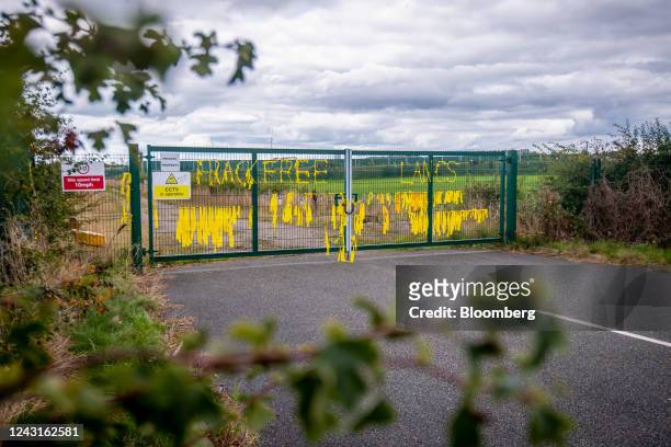 Yellow ribbons tied to read "Frack Free Lancs" on security gates at the Cuadrilla Resources Ltd. Exploration gas well site on Preston New Road near...