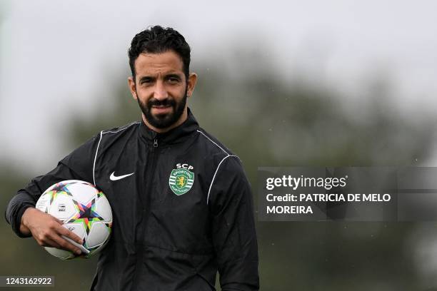 Sporting Lisbon's Portuguese coach Ruben Amorim attends a training session at the Cristiano Ronaldo Academy training ground in Alcochete, outskirts...