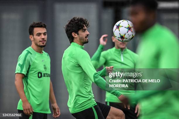 Sporting Lisbon's Portuguese forward Francisco Trincao controls the ball during a training session at the Cristiano Ronaldo Academy training ground...