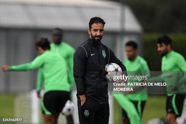 Sporting Lisbon's Portuguese coach Ruben Amorim attends a training session at the Cristiano Ronaldo Academy training ground in Alcochete, outskirts...