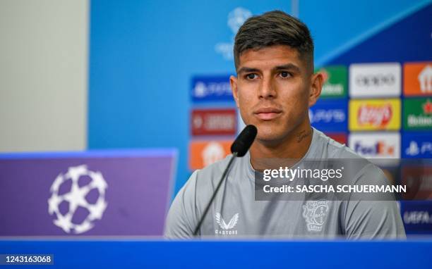 Leverkusen's Ecuadorian defender Piero Hincapie gives a press conference on the eve of the UEFA Champions League football match between Bayer 04...